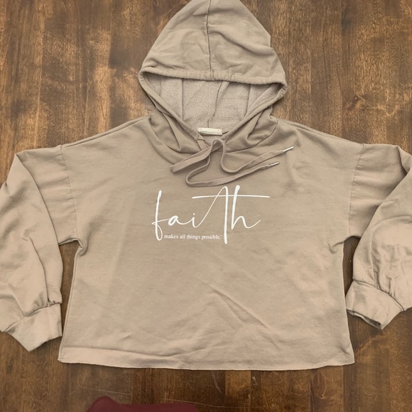 Altar'd State Tops - Altar'd State Beige/Tan Hooded Crop Top 'FAITH MAKES ALL THINGS POSSIBLE' Small